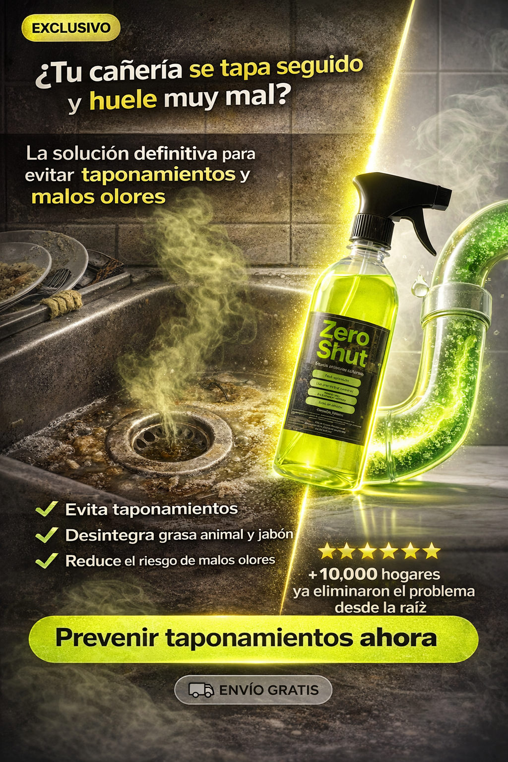 Zero Shut – Solución Total para Cañerías | Evita Taponamientos, Desinfecta y Elimina Olores